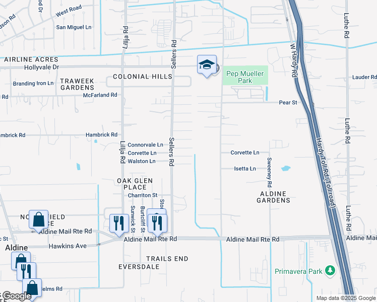 map of restaurants, bars, coffee shops, grocery stores, and more near 742 Corvette Court in Houston