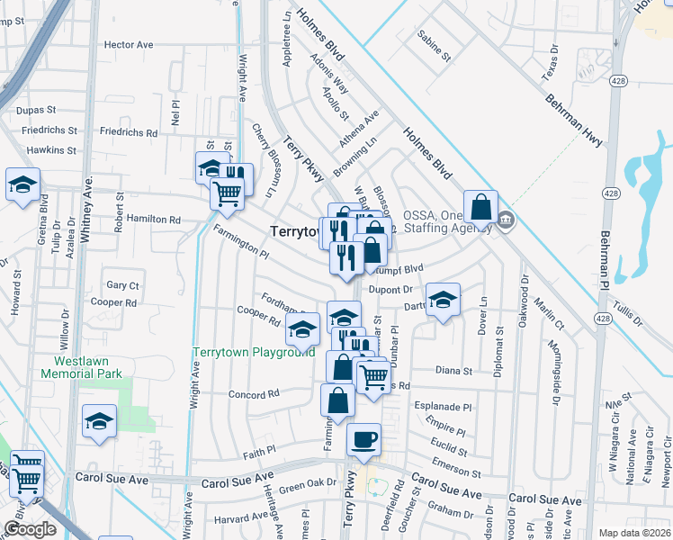 map of restaurants, bars, coffee shops, grocery stores, and more near 1930 Stumpf Boulevard in Terrytown