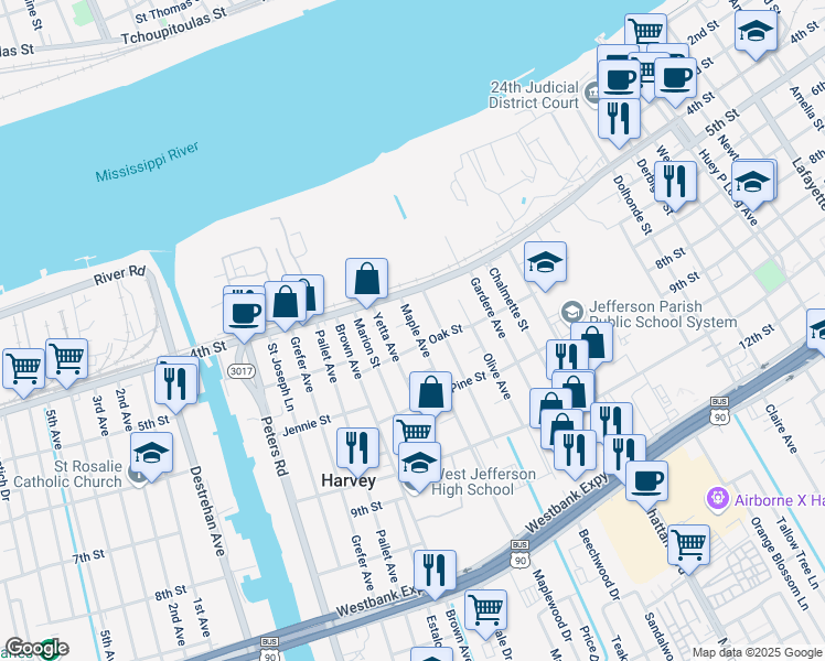 map of restaurants, bars, coffee shops, grocery stores, and more near 452 Maple Avenue in Harvey