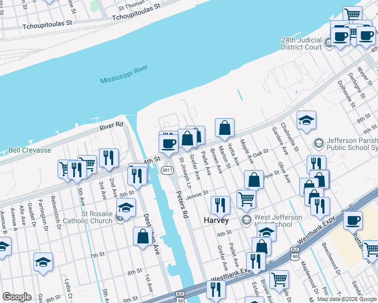 map of restaurants, bars, coffee shops, grocery stores, and more near 2619 4th Street in Harvey
