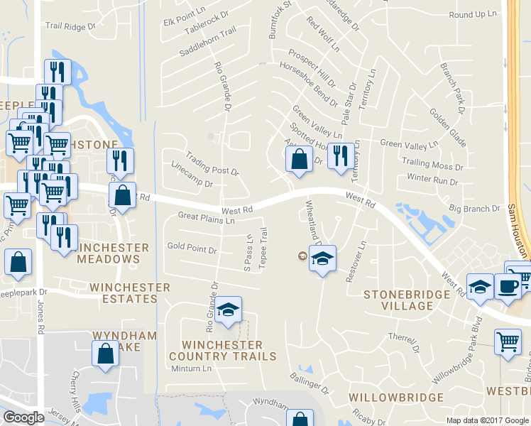 map of restaurants, bars, coffee shops, grocery stores, and more near 9318 Tepee Trail in Houston