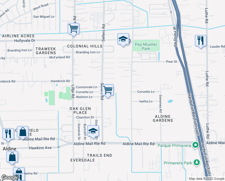 map of restaurants, bars, coffee shops, grocery stores, and more near 742 Corvette Court in Houston