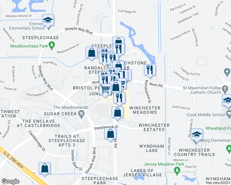 map of restaurants, bars, coffee shops, grocery stores, and more near 9410 Jones Road in Houston