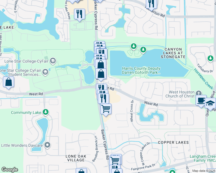 map of restaurants, bars, coffee shops, grocery stores, and more near 8960 Barker Cypress Road in Cypress
