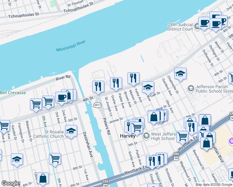 map of restaurants, bars, coffee shops, grocery stores, and more near 2619 4th Street in Harvey