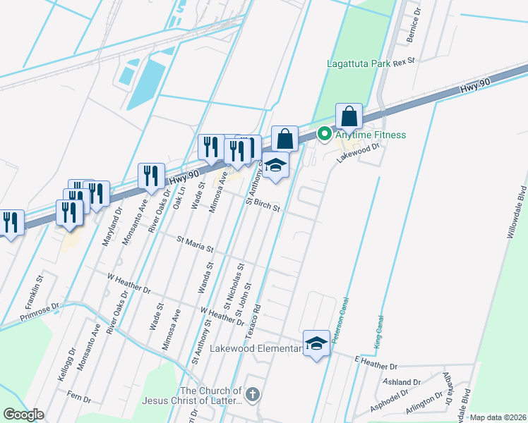 map of restaurants, bars, coffee shops, grocery stores, and more near 107 Saint Anthony Street in Luling
