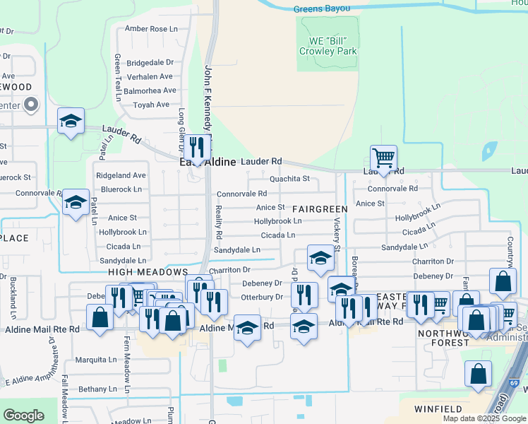 map of restaurants, bars, coffee shops, grocery stores, and more near 4518 Anice Street in Houston