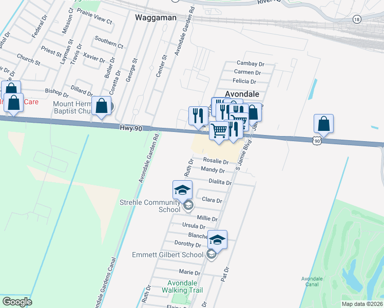 map of restaurants, bars, coffee shops, grocery stores, and more near 212 Ruth Drive in Avondale