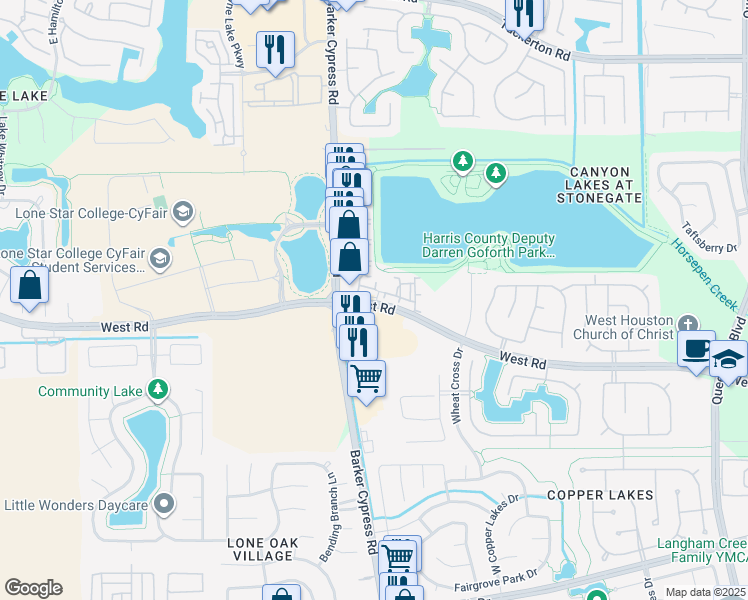 map of restaurants, bars, coffee shops, grocery stores, and more near 18100 West Road in Houston