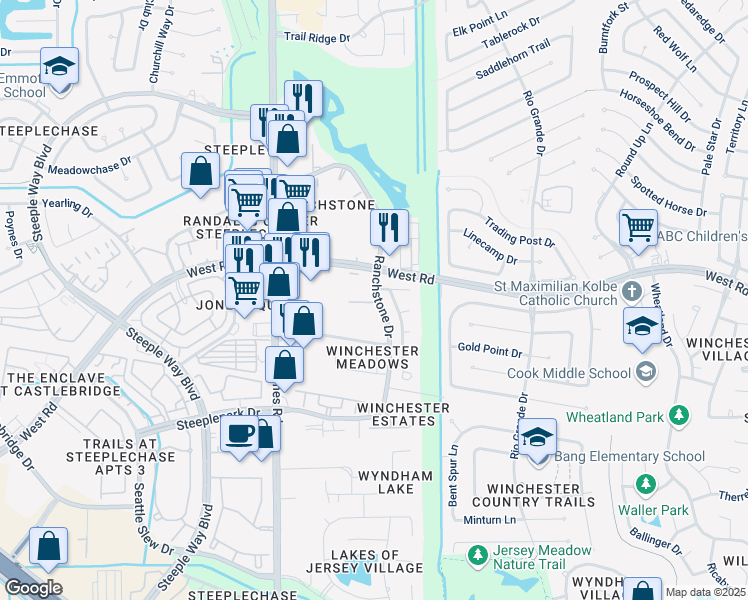 map of restaurants, bars, coffee shops, grocery stores, and more near 408 Ranchstone Drive in Houston