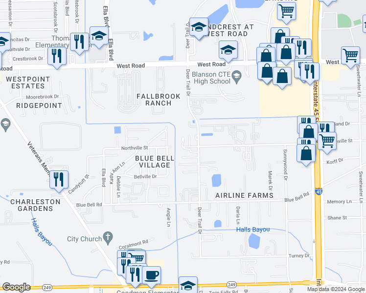 map of restaurants, bars, coffee shops, grocery stores, and more near 1220 Northville Street in Houston