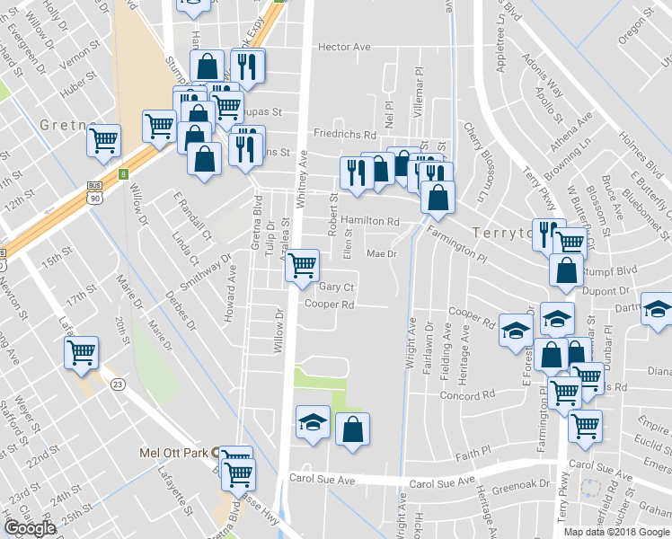 map of restaurants, bars, coffee shops, grocery stores, and more near 1645 Alexander Court in Gretna