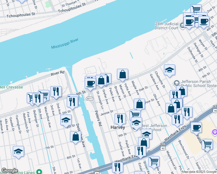 map of restaurants, bars, coffee shops, grocery stores, and more near 413 Pailet Avenue in Harvey