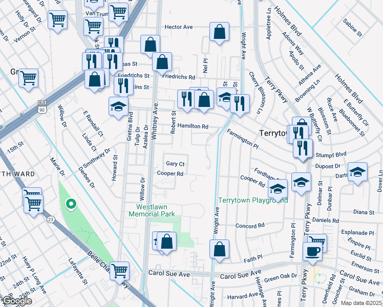 map of restaurants, bars, coffee shops, grocery stores, and more near 1652 Alexander Court in Gretna