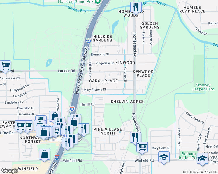 map of restaurants, bars, coffee shops, grocery stores, and more near 5634 Mary Francis Street in Houston