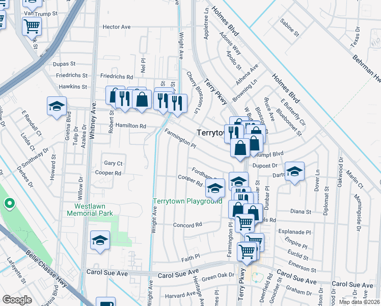 map of restaurants, bars, coffee shops, grocery stores, and more near 1901 Friedrica Street in Gretna