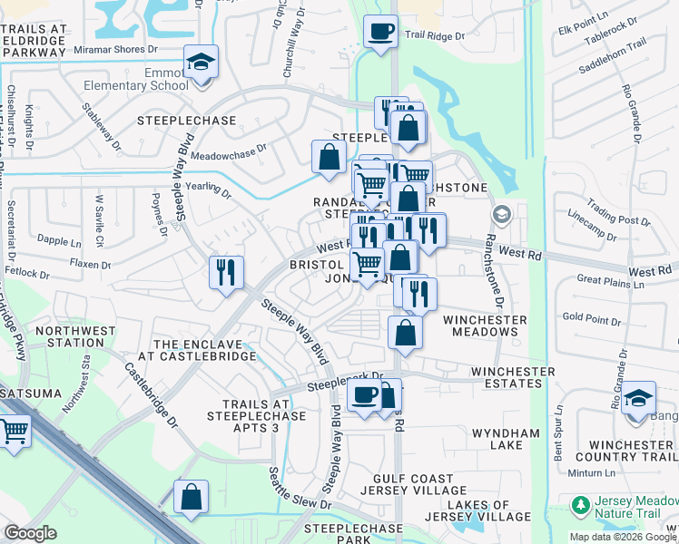 map of restaurants, bars, coffee shops, grocery stores, and more near 11245 West Road in Houston