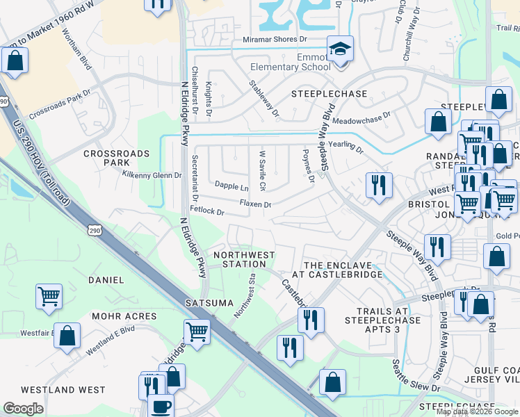 map of restaurants, bars, coffee shops, grocery stores, and more near 9515 Barnhart Lane in Houston