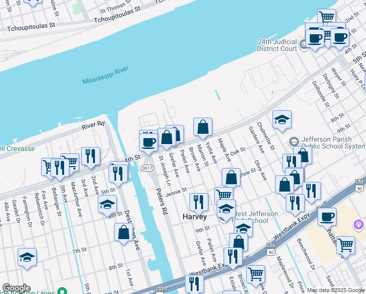 map of restaurants, bars, coffee shops, grocery stores, and more near 413 Pailet Avenue in Harvey