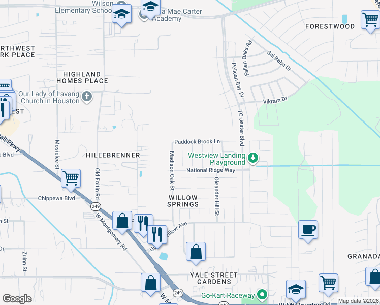 map of restaurants, bars, coffee shops, grocery stores, and more near 12030 Audubon Hill Court in Houston