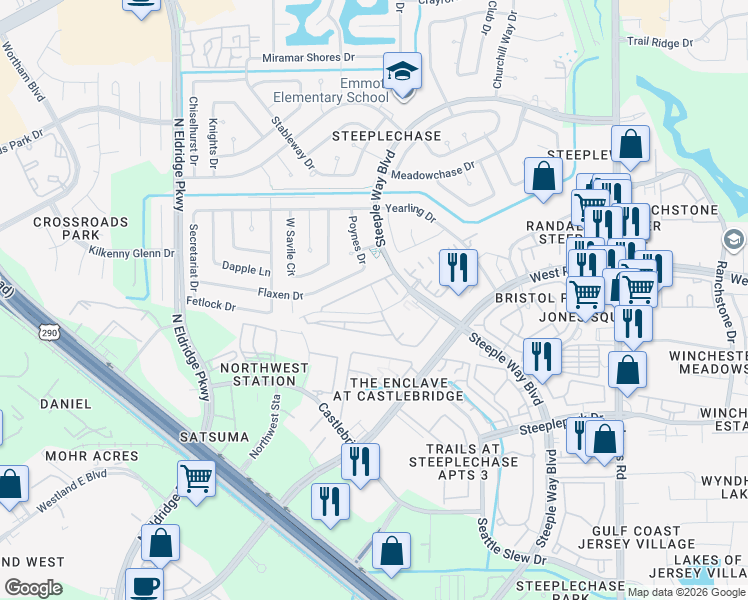 map of restaurants, bars, coffee shops, grocery stores, and more near 11910 Thoroughbred Drive in Houston