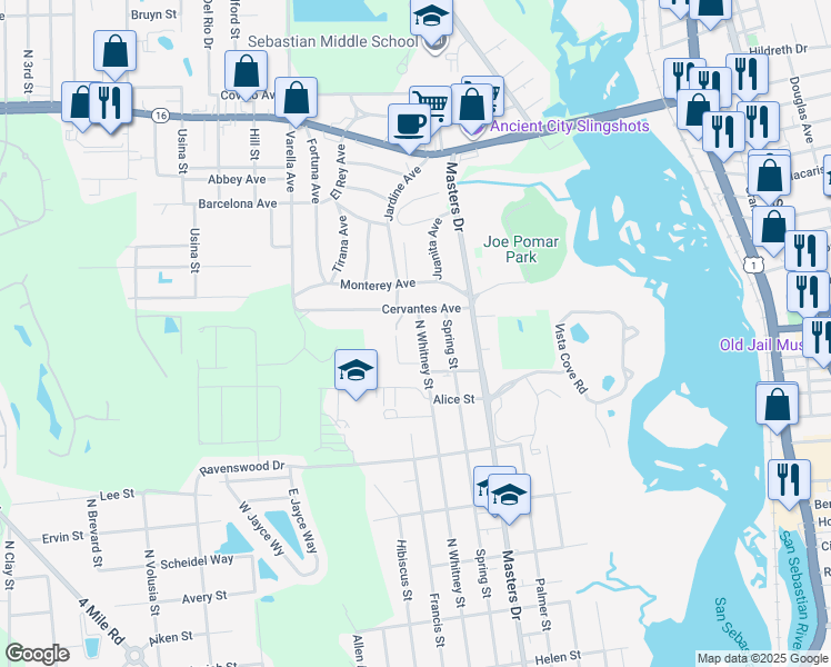 map of restaurants, bars, coffee shops, grocery stores, and more near 1550 Doehler Avenue in St. Augustine