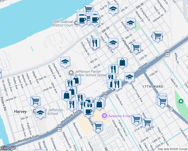 map of restaurants, bars, coffee shops, grocery stores, and more near 12 Gulf Drive in Gretna