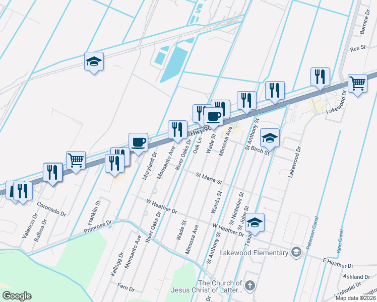 map of restaurants, bars, coffee shops, grocery stores, and more near 125 Oak Lane in Luling