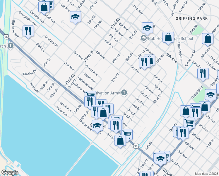 map of restaurants, bars, coffee shops, grocery stores, and more near 3130 27th Street in Port Arthur