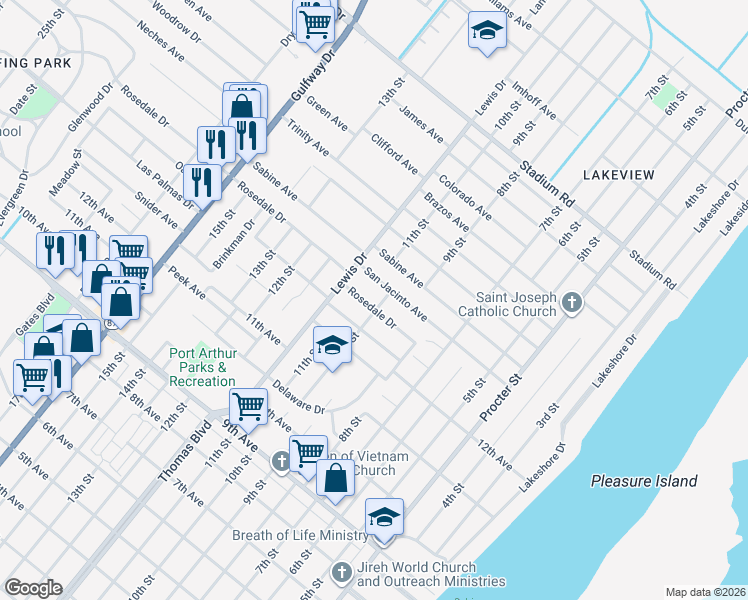 map of restaurants, bars, coffee shops, grocery stores, and more near 1001 Rosedale Drive in Port Arthur