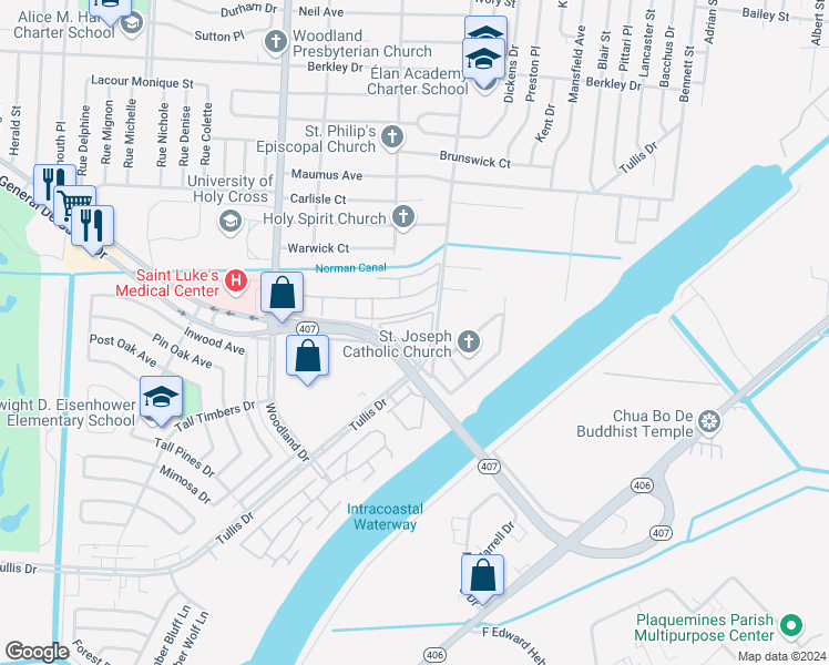 map of restaurants, bars, coffee shops, grocery stores, and more near 6364 Woodland Highway in New Orleans