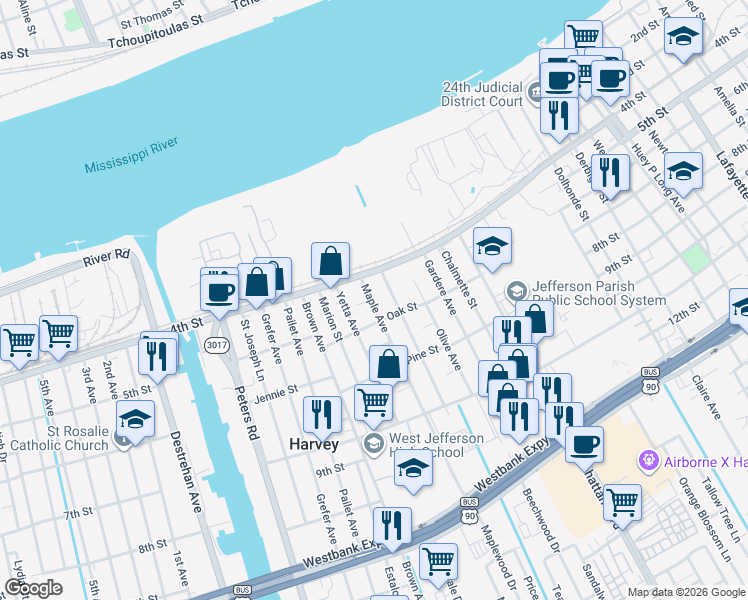 map of restaurants, bars, coffee shops, grocery stores, and more near 452 Maple Avenue in Harvey