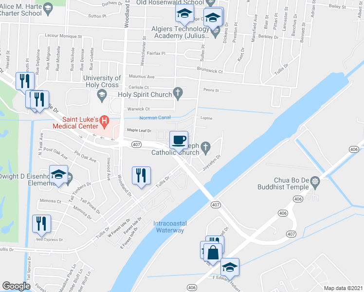 map of restaurants, bars, coffee shops, grocery stores, and more near 6364 Woodland Highway in New Orleans