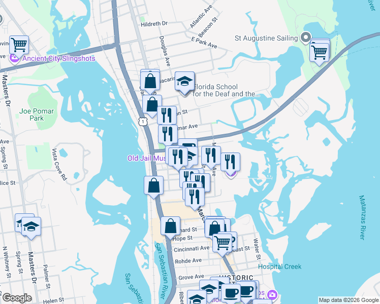 map of restaurants, bars, coffee shops, grocery stores, and more near 15 Estey Street in St. Augustine