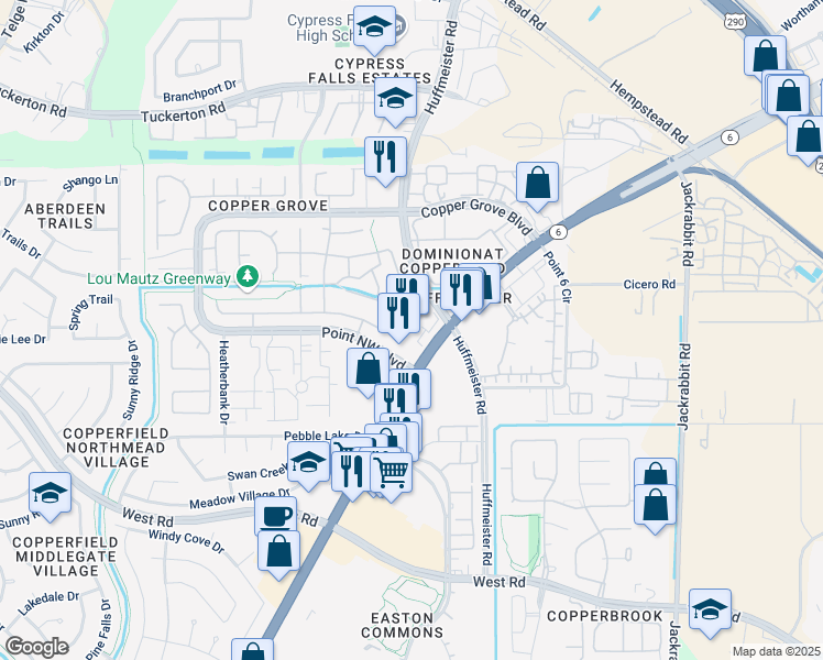 map of restaurants, bars, coffee shops, grocery stores, and more near 8945 Highway 6 North in Houston