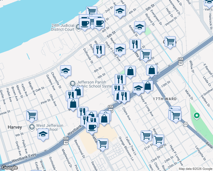map of restaurants, bars, coffee shops, grocery stores, and more near 1028 11th Street in Gretna