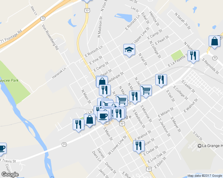 map of restaurants, bars, coffee shops, grocery stores, and more near 250 Fairgrounds Rd in La Grange