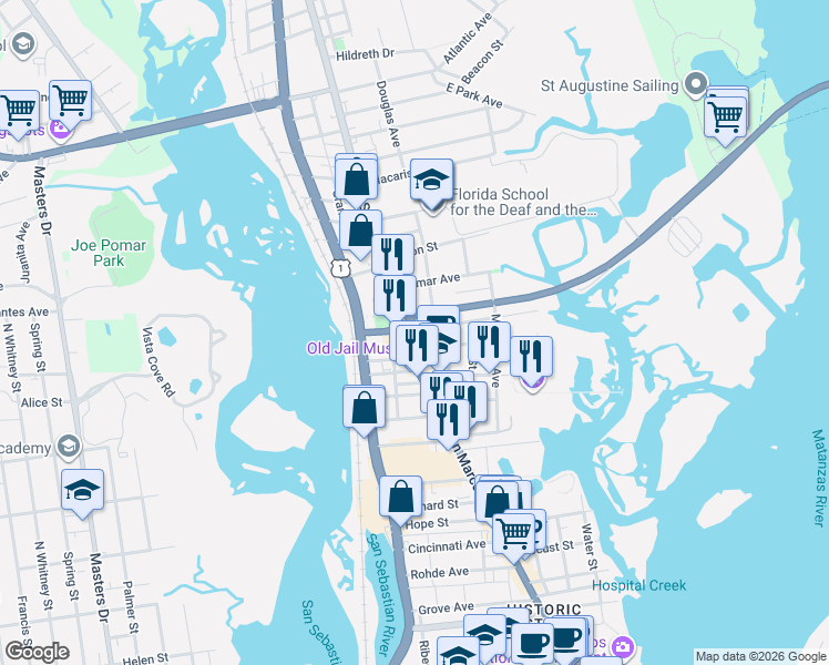 map of restaurants, bars, coffee shops, grocery stores, and more near 1 East San Carlos Avenue in St. Augustine