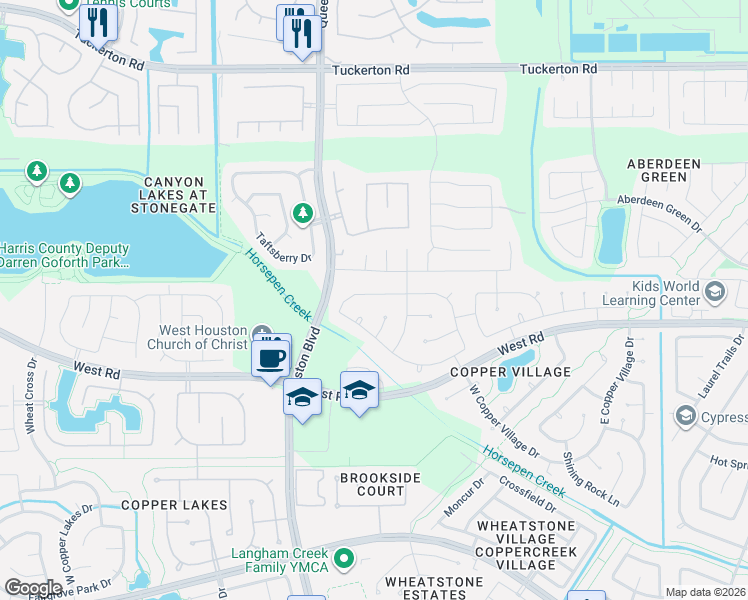 map of restaurants, bars, coffee shops, grocery stores, and more near 8726 Ridgebury Circle in Houston