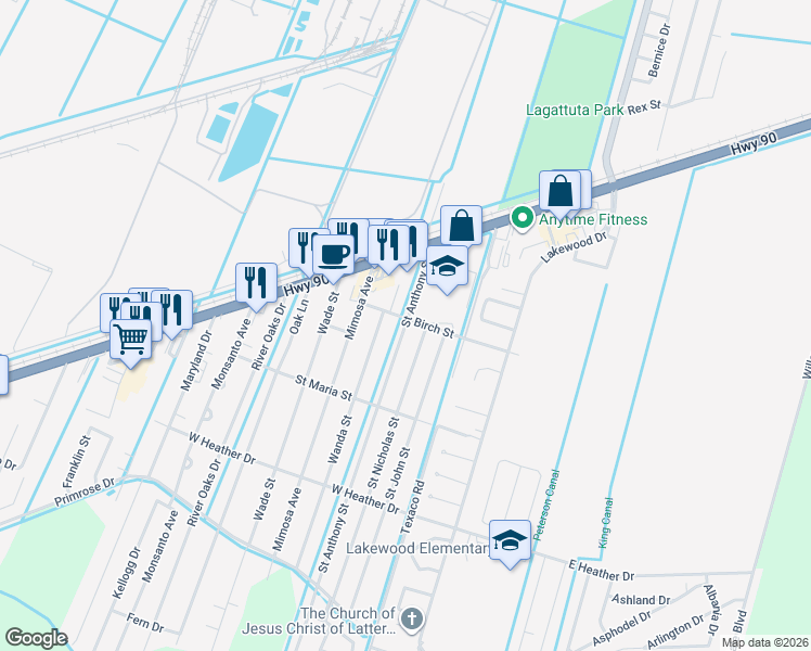 map of restaurants, bars, coffee shops, grocery stores, and more near 107 Saint Anthony Street in Luling