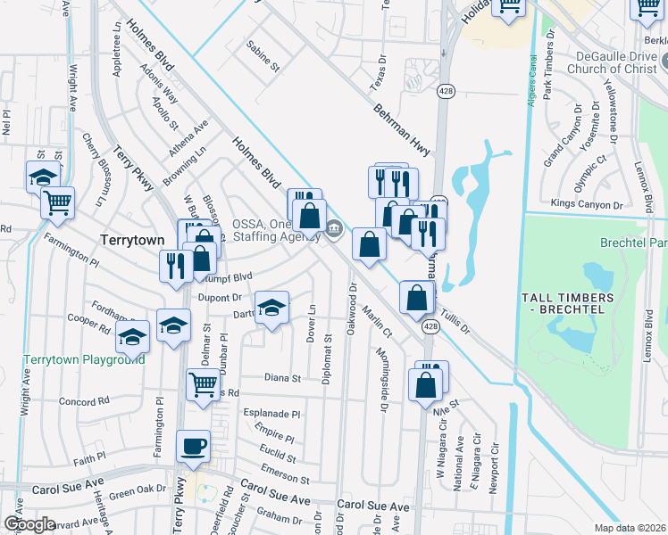 map of restaurants, bars, coffee shops, grocery stores, and more near 504 Oakwood Drive in Terrytown