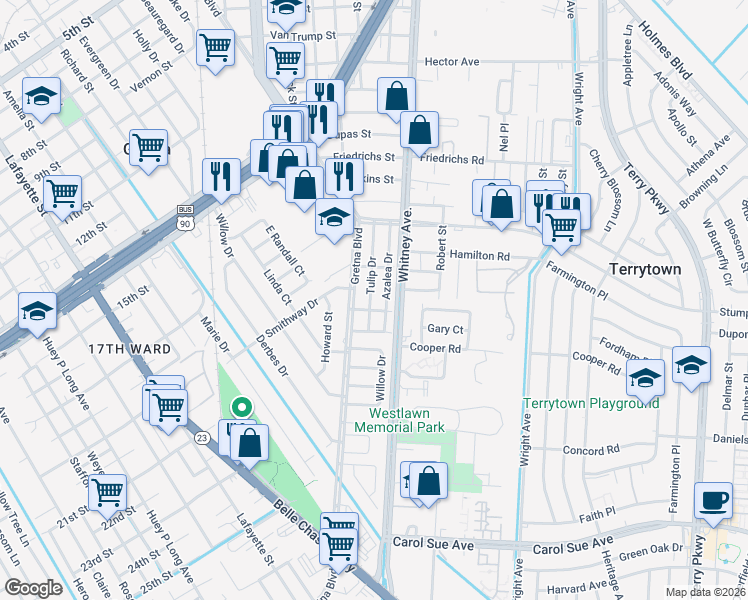 map of restaurants, bars, coffee shops, grocery stores, and more near 42 Azalea Drive in Gretna