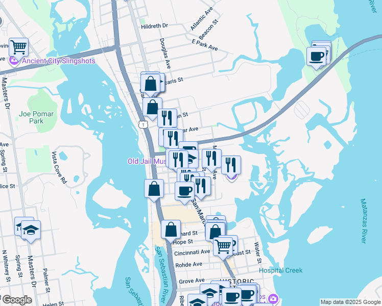 map of restaurants, bars, coffee shops, grocery stores, and more near 18 Estey Street in St. Augustine