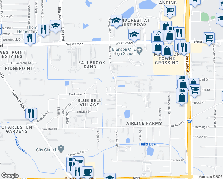 map of restaurants, bars, coffee shops, grocery stores, and more near 1220 Northville Street in Houston