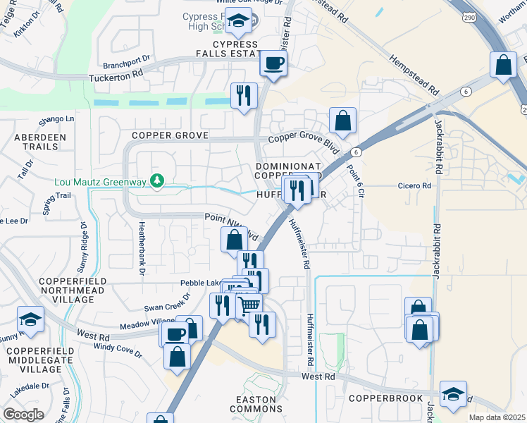 map of restaurants, bars, coffee shops, grocery stores, and more near 8945 Highway 6 North in Houston