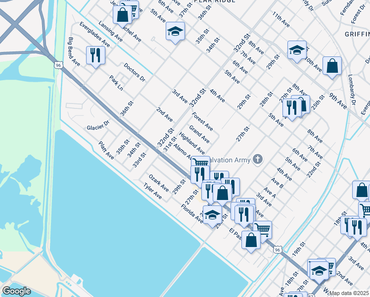 map of restaurants, bars, coffee shops, grocery stores, and more near 3041 Alamo Avenue in Port Arthur