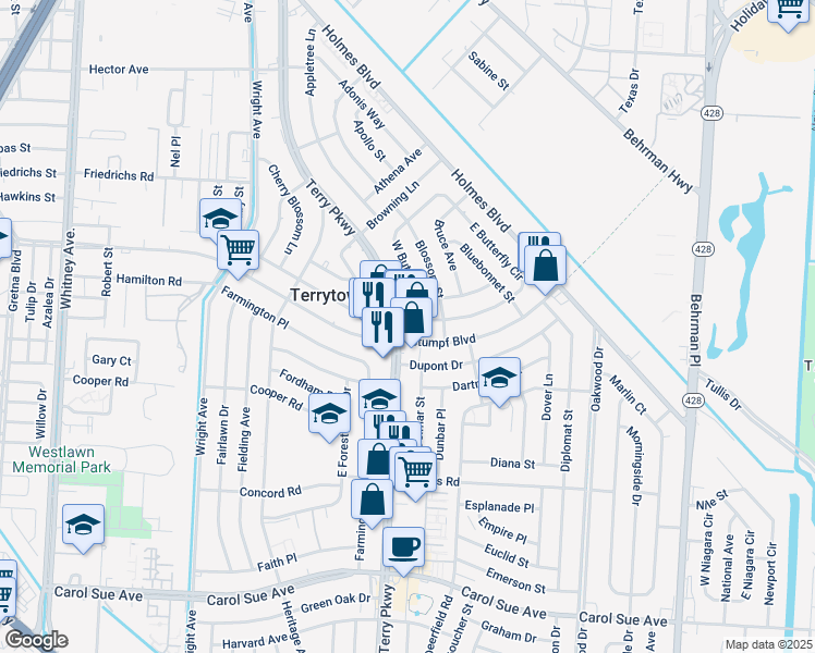 map of restaurants, bars, coffee shops, grocery stores, and more near 445 Terry Parkway in Terrytown