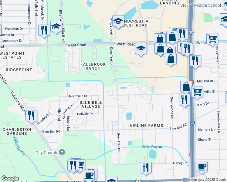 map of restaurants, bars, coffee shops, grocery stores, and more near 1220 Northville Street in Houston