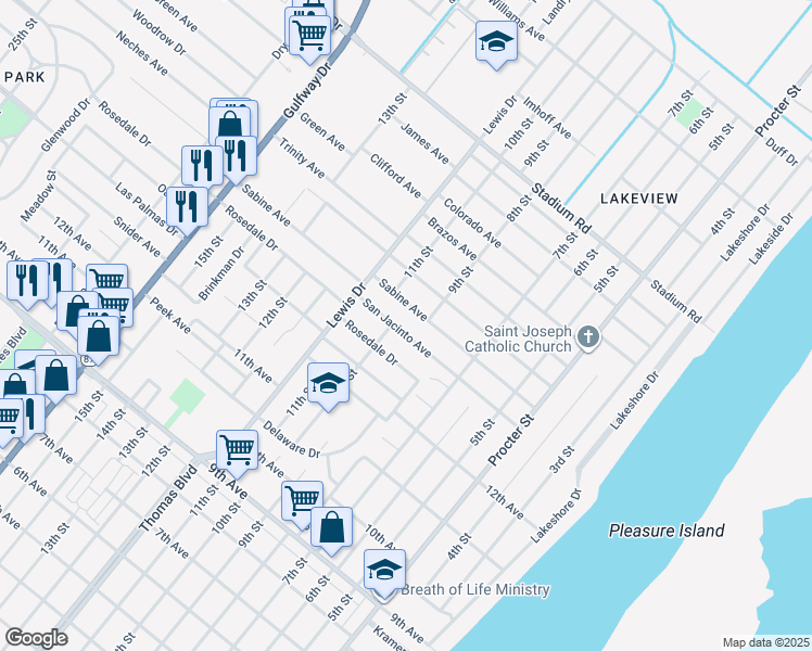 map of restaurants, bars, coffee shops, grocery stores, and more near 901 San Jacinto Avenue in Port Arthur