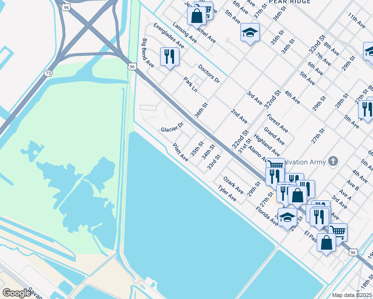 map of restaurants, bars, coffee shops, grocery stores, and more near 2600 35th Street in Port Arthur